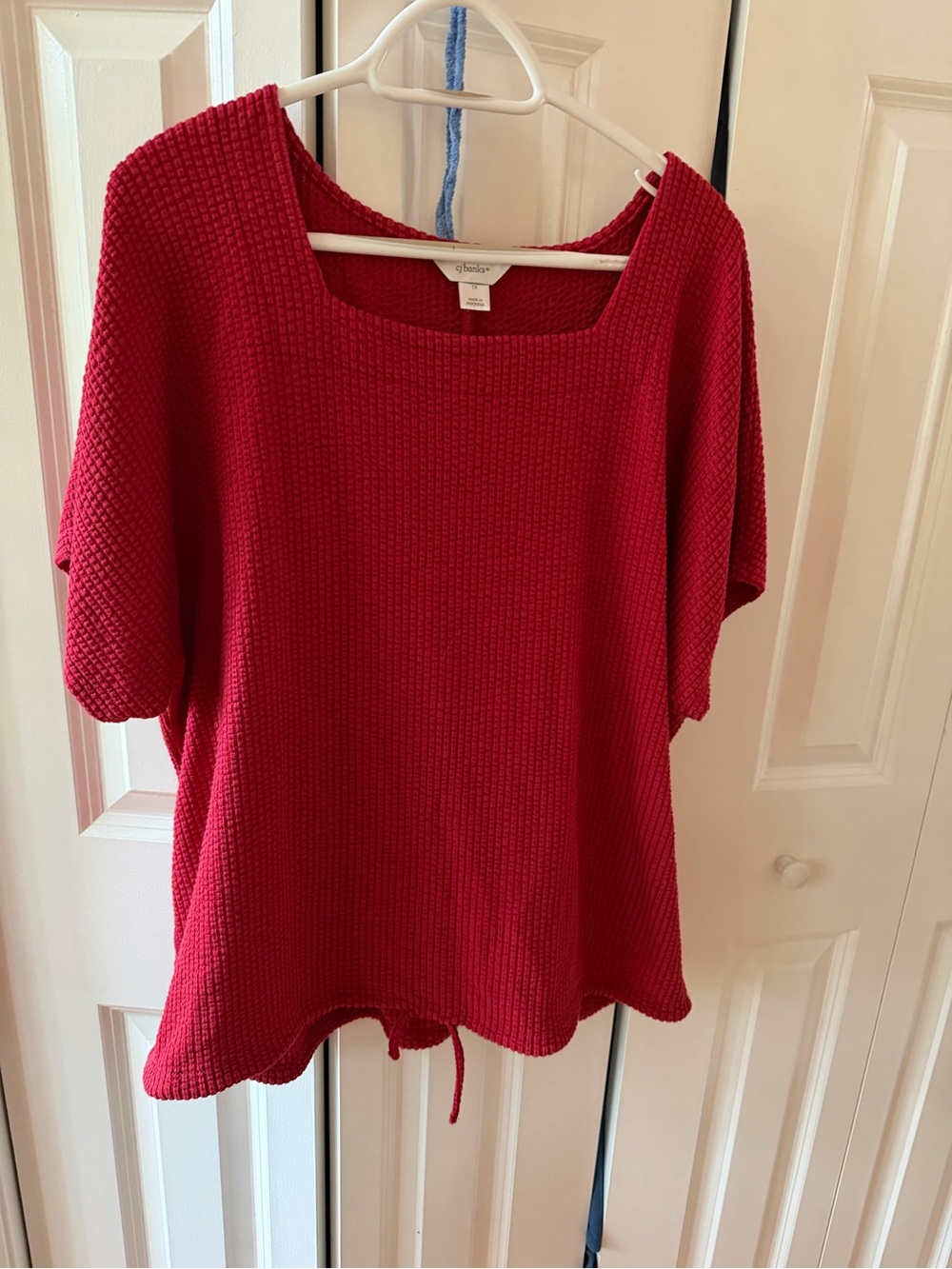 CJ Banks Red Textured Square-Neck Knit Tunic Draw string at lower edge